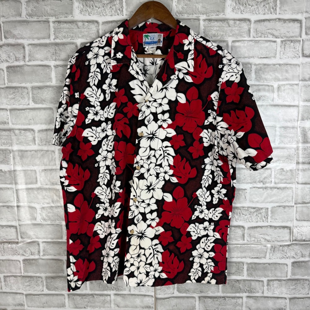 RJC Mens Hawaiian Shirt XL Red White Hibiscus Floral Tropical Button Down Hawaii
